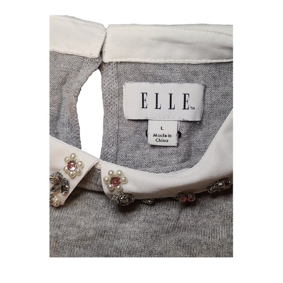 Elle Womens Gray Sweater White Decorative Collar Shirt Long Sleeve Top Size L - Picture 5 of 10